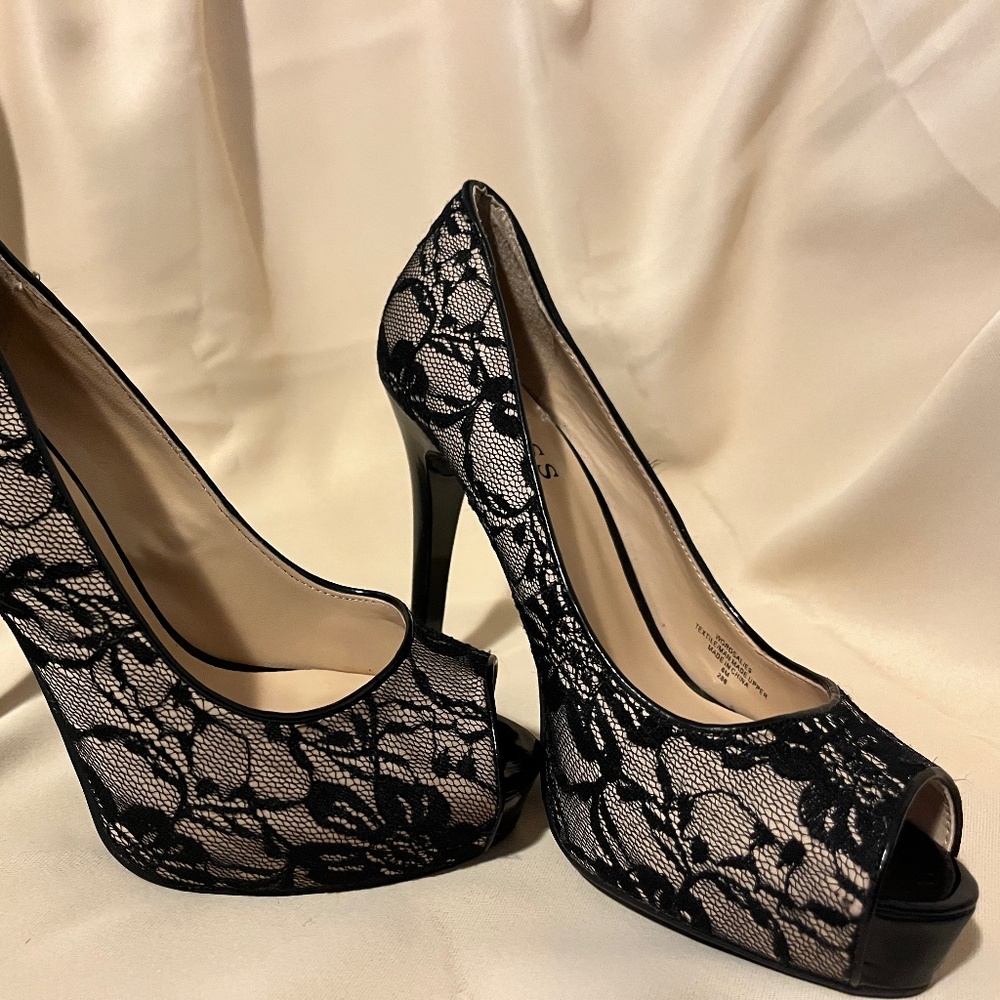 Guess Gaminata black lace and faux patent leather peep-toe platform stiletto hee
